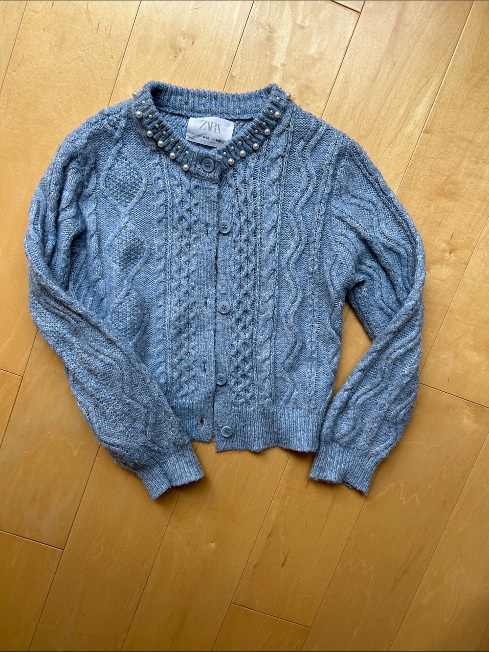 Zara Light Blue Beaded Cable-Knit Cardigan